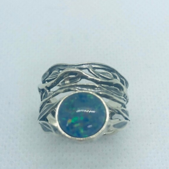 ‘PZ ISRAEL’ Silver, Lab Created Doublet Opal, Wired Leaf Motif Ring, Size 10 - Picture 2 of 8